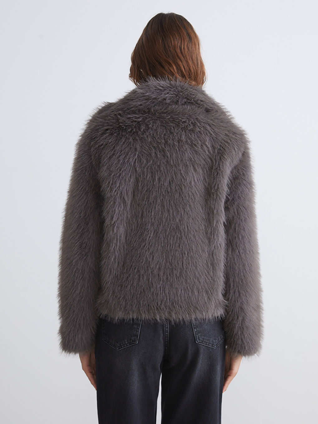 Gri Ceket Yaka Kadın Kürk Mont-4