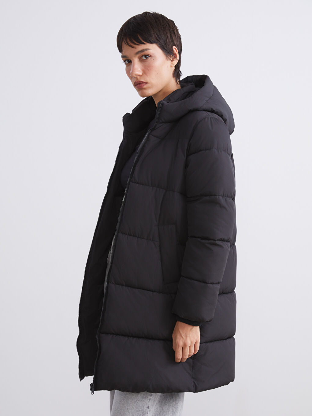Women's Hooded Plain Puffer Coat-1