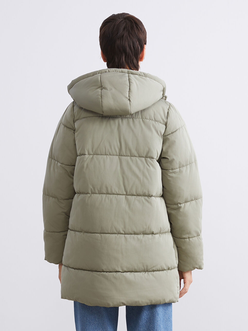 Haki Kapüşonlu Kadın Şişme Mont-4
