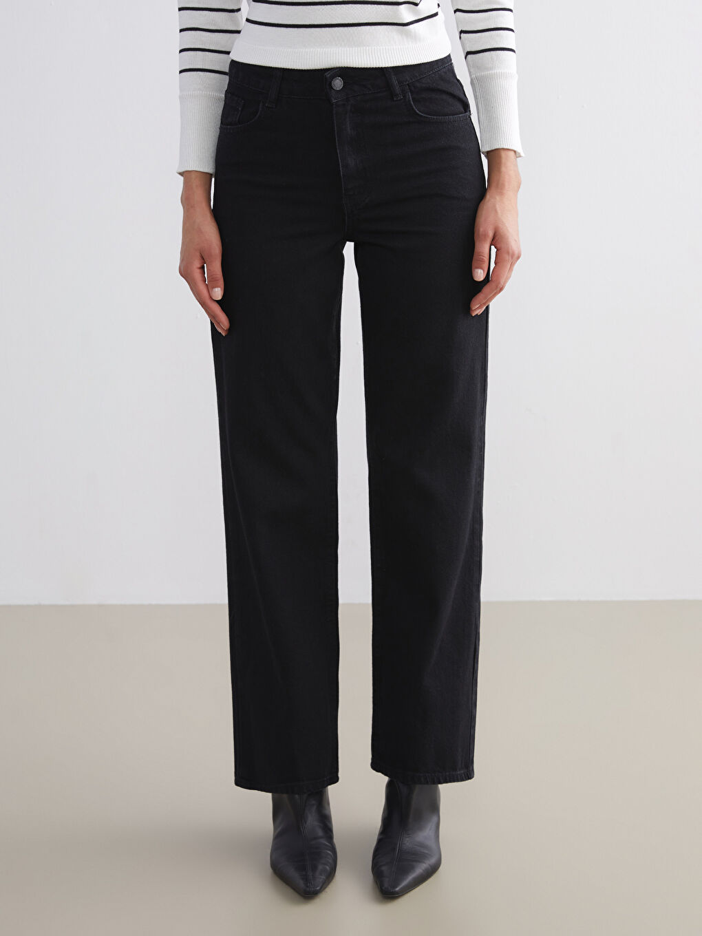 Siyah Wideleg Kadın Jean Pantolon-1