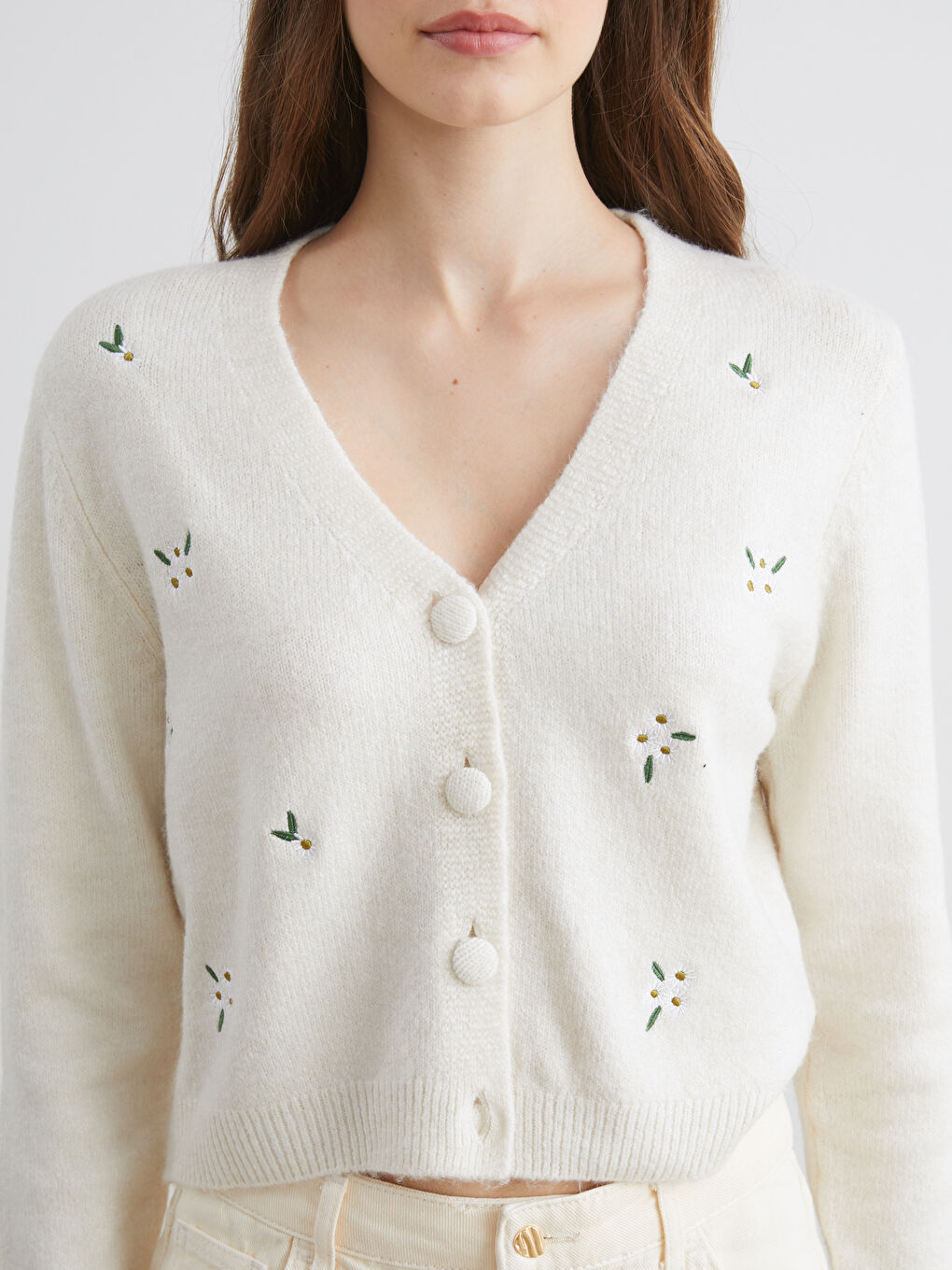 V Neck Floral Embroidered Women's Knitwear Cardigan-2