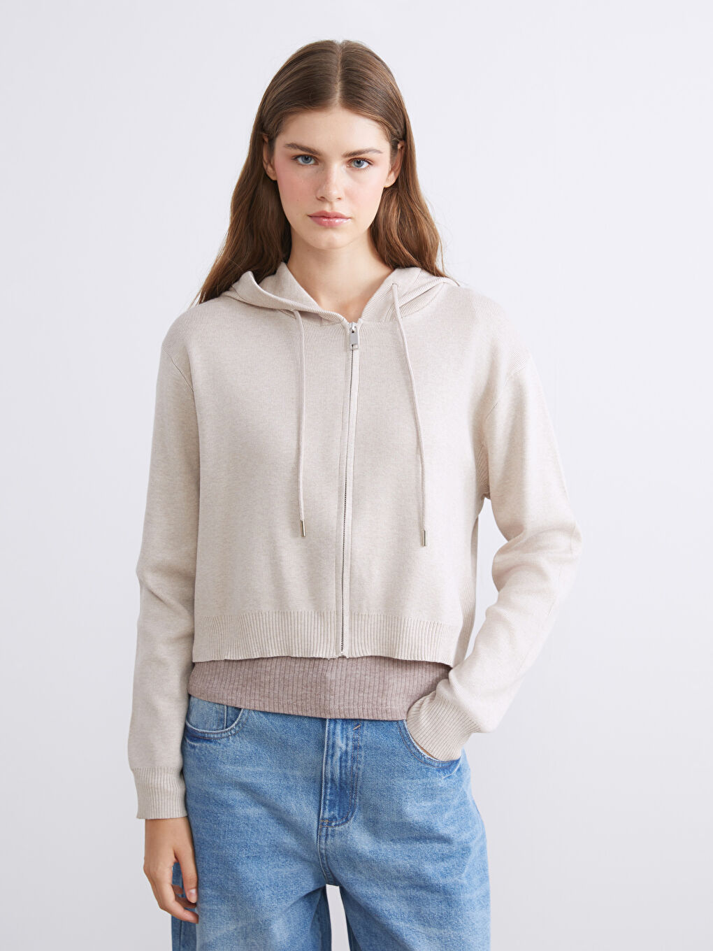 Woman BEIGE Zip-Up Sweatshirt