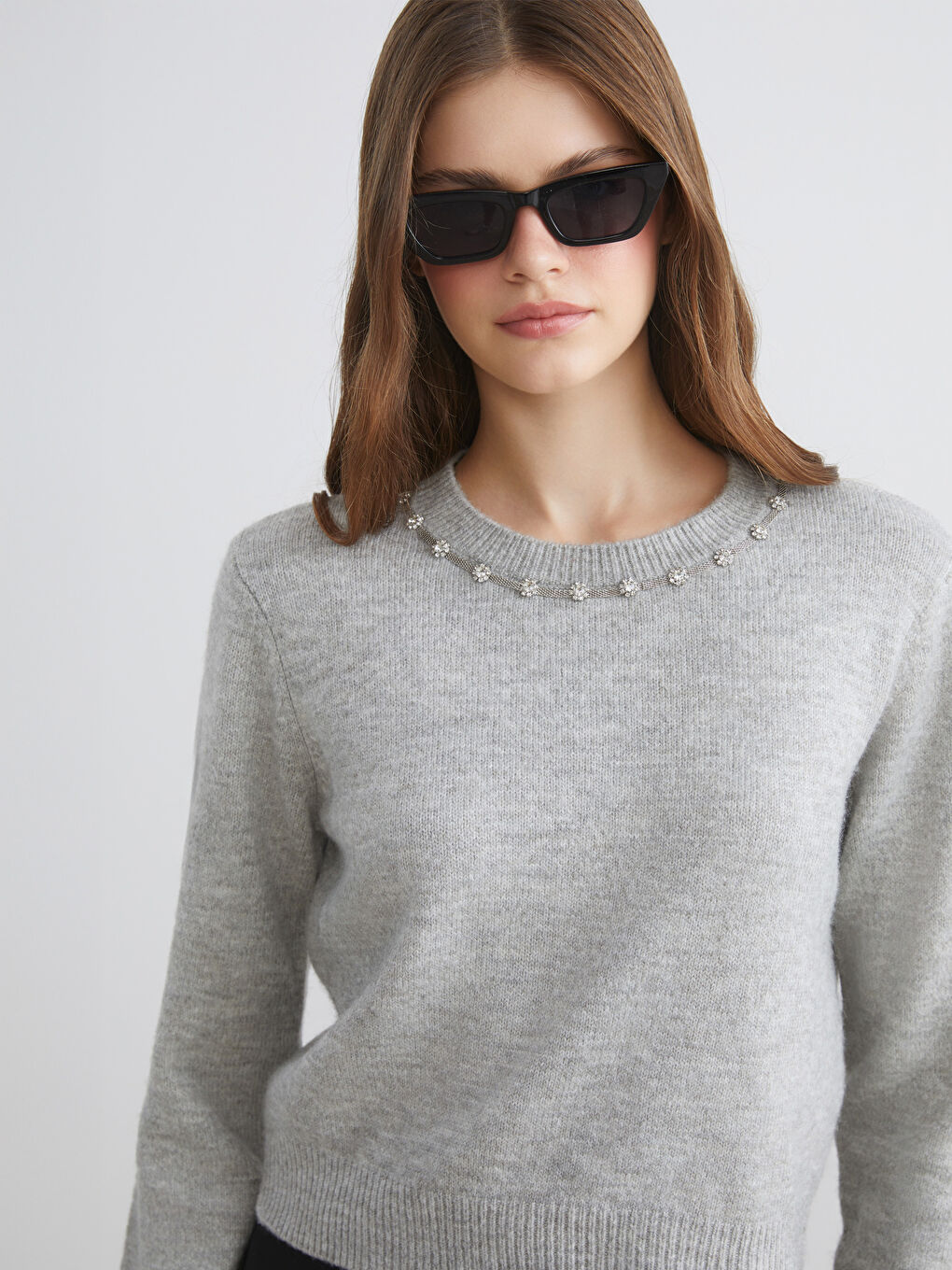 Crew Neck Rhinestone Embellished Women's Knit Sweater