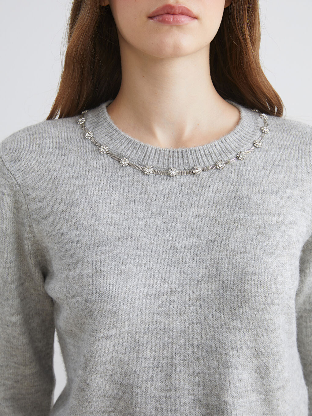 Crew Neck Rhinestone Embellished Women's Knit Sweater-2