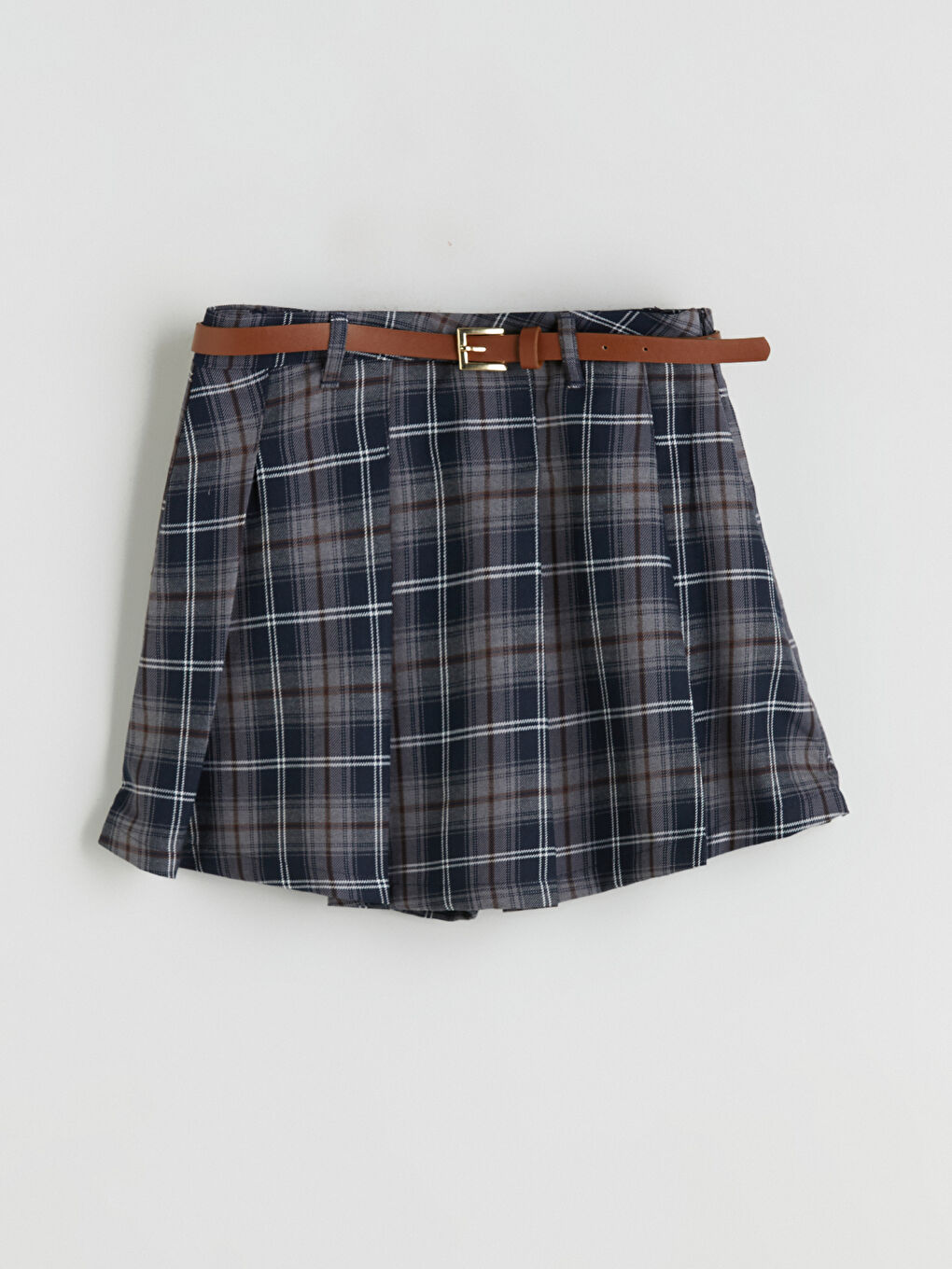 Lacivert Beli Lastikli Ekose Kız Çocuk Şort Etek-1