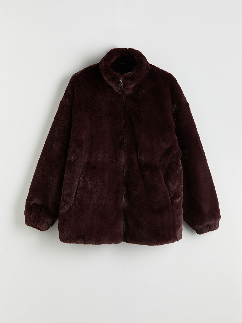 Bordo Dik Yaka Kadın Pelüş Mont-5