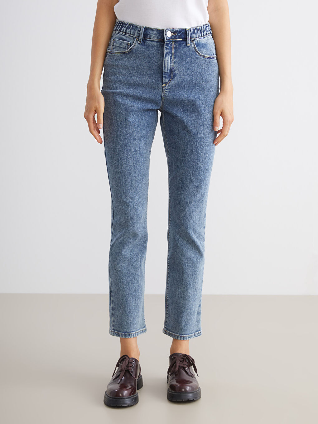 İndigo Beli Lastikli Slim Fit Kadın Jean Pantolon-2