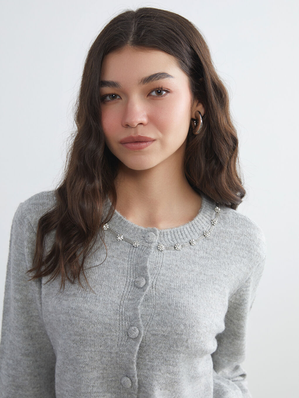 Cardigan en Tricot Orné de Strass pour Femmes Col Rond