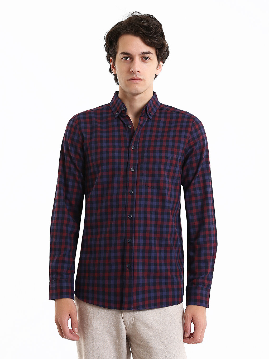 Chemise Pour Hommes Coupe Régulière à Manches Longues en Gabardine Écossaise