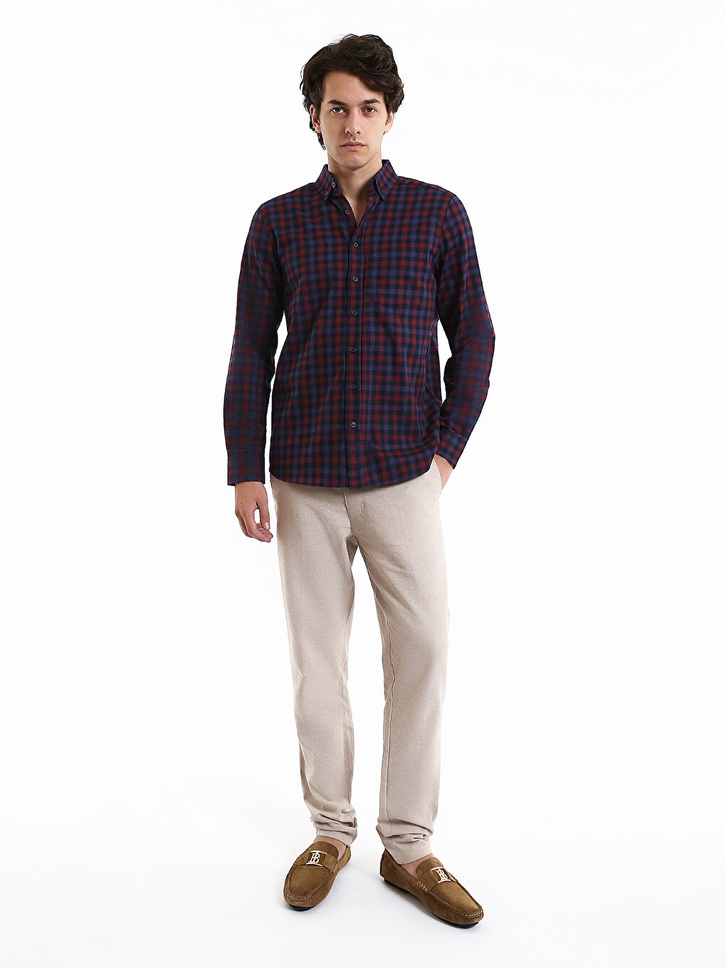 Chemise Pour Hommes Coupe Régulière à Manches Longues en Gabardine Écossaise-1