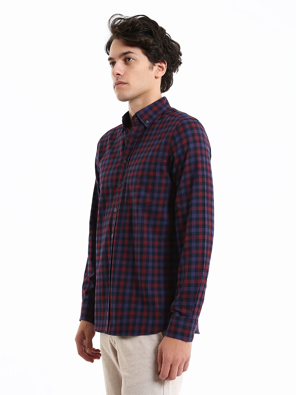 Chemise Pour Hommes Coupe Régulière à Manches Longues en Gabardine Écossaise-3