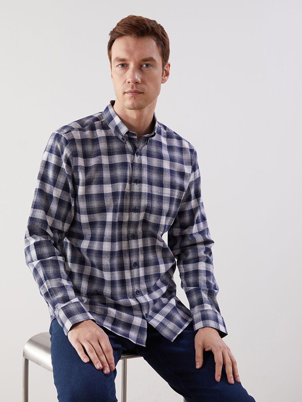 Regular Fit Long Sleeve Plaid Poplin Men's Shirt