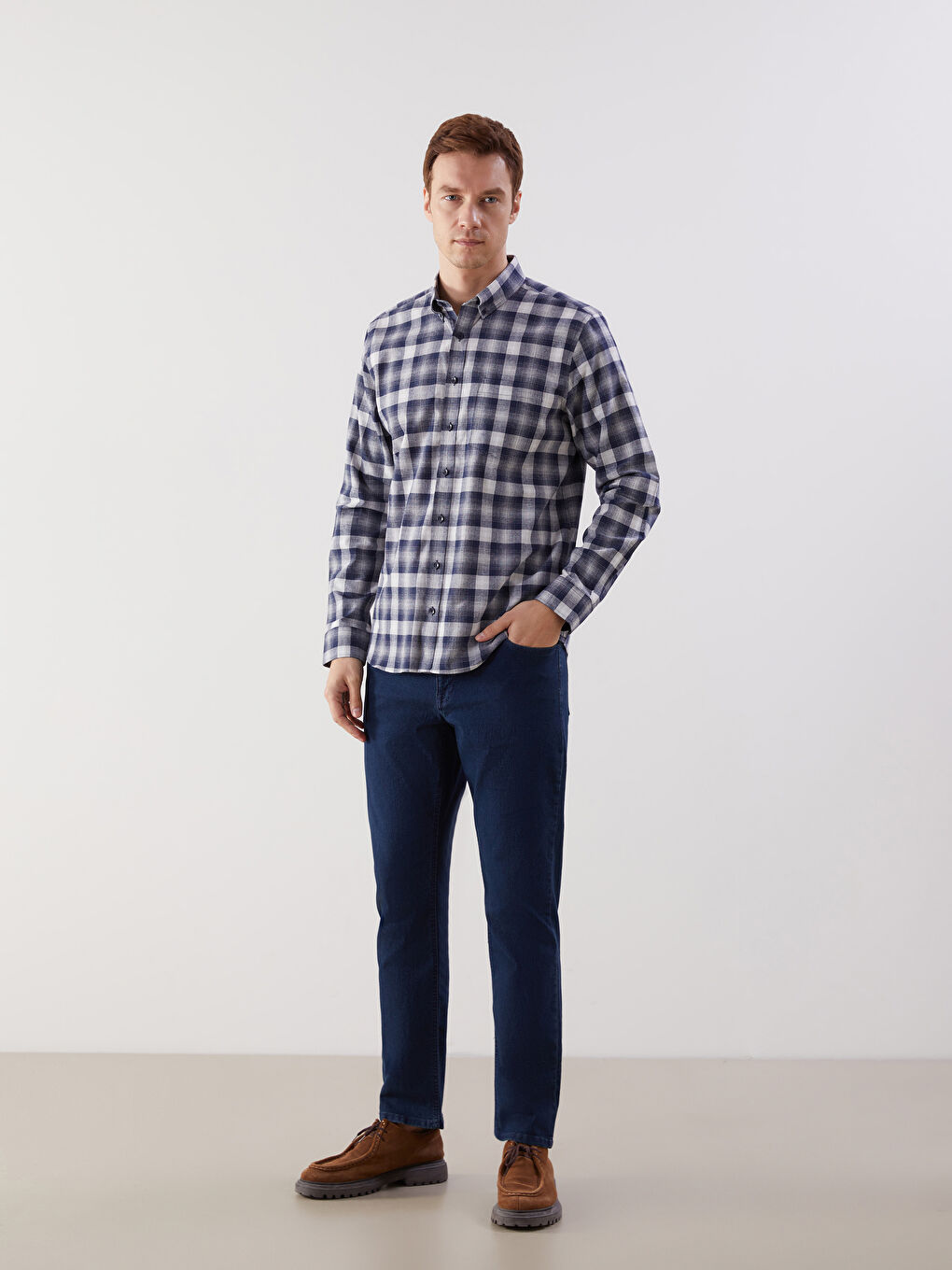 Regular Fit Long Sleeve Plaid Poplin Men's Shirt-1