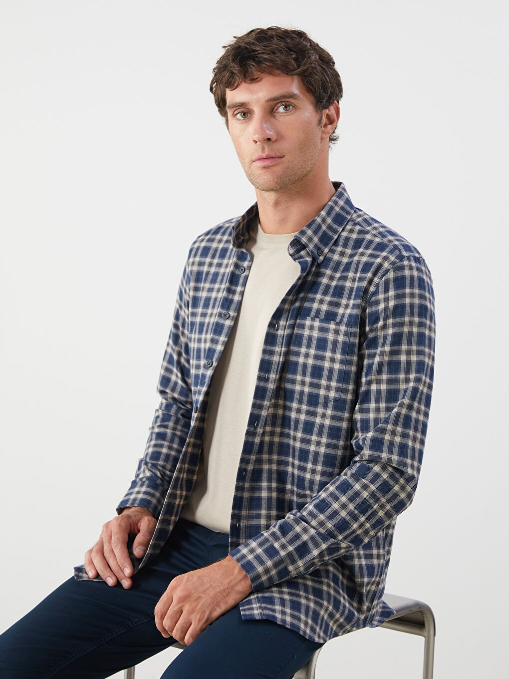Regular Fit Long Sleeve Plaid Gabardine Men's Shirt-1