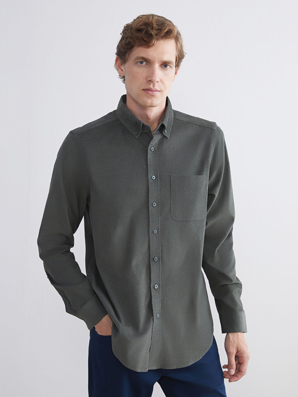 قميص مخمل كم طويل عادي للرجال-1