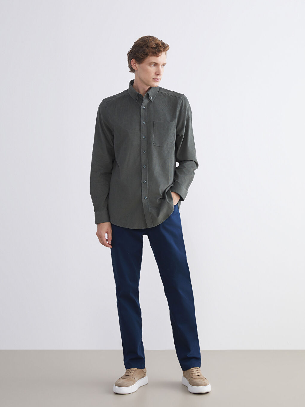 قميص مخمل كم طويل عادي للرجال-2