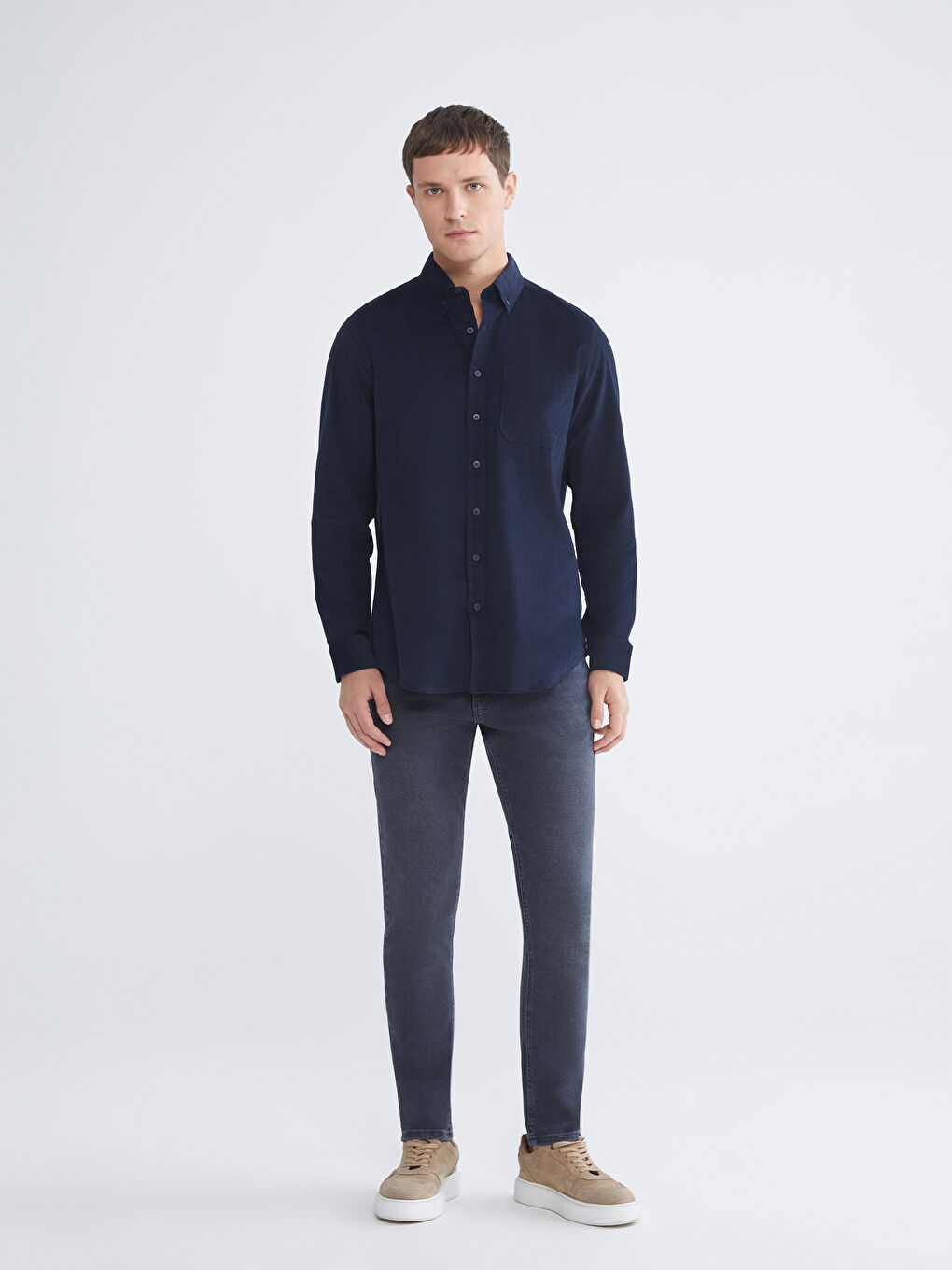 قميص مخمل كم طويل عادي للرجال-2