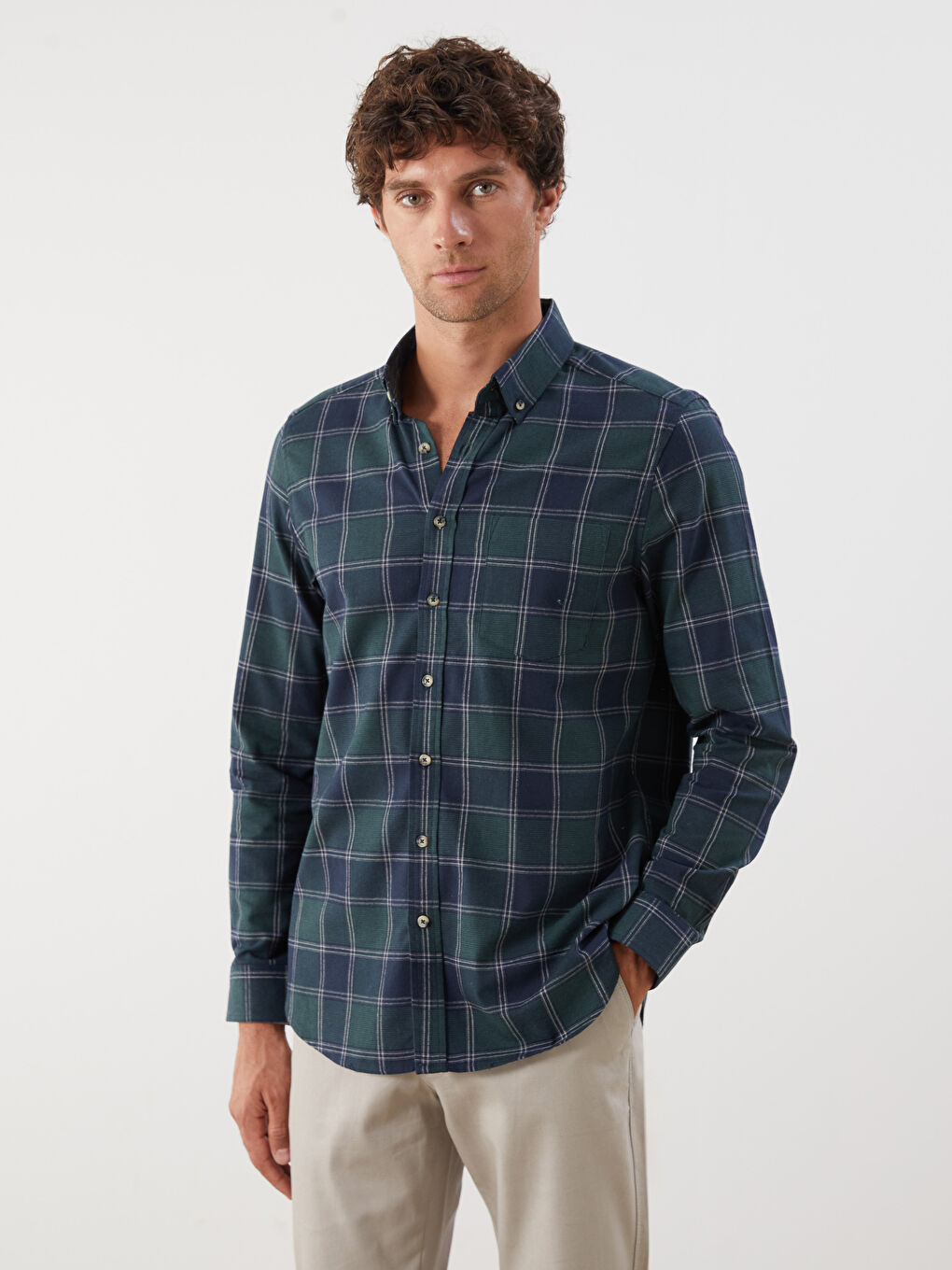 Chemise Pour Hommes Coupe Régulière à Manches Longues en Gabardine Écossaise