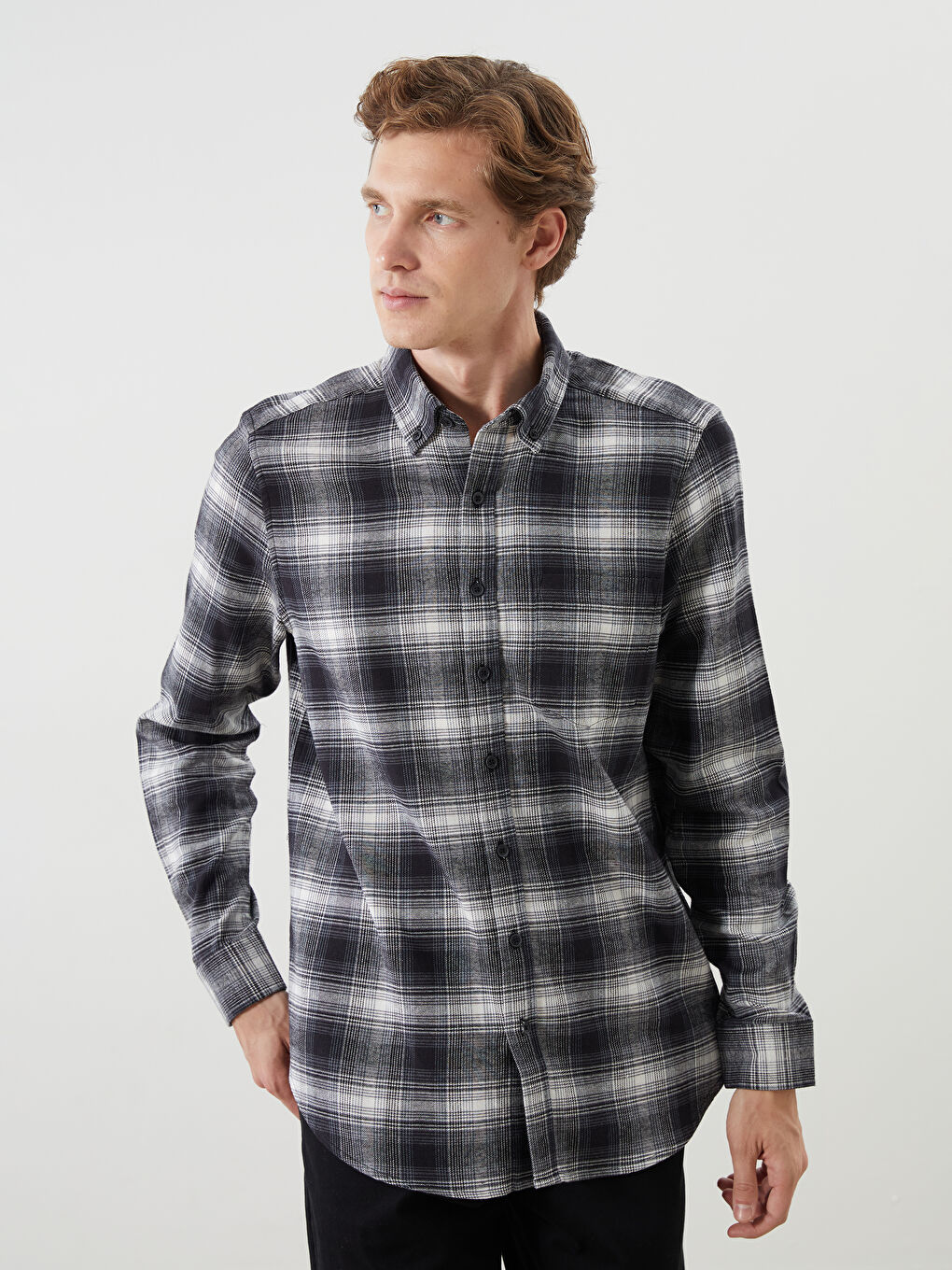 Regular Fit Long Sleeve Plaid Poplin Men's Shirt