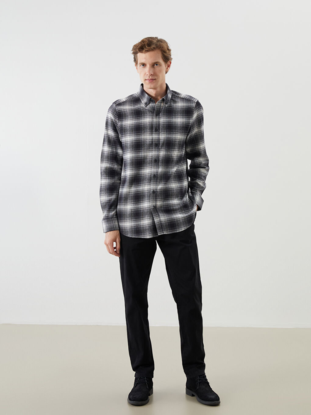 Regular Fit Long Sleeve Plaid Poplin Men's Shirt-1
