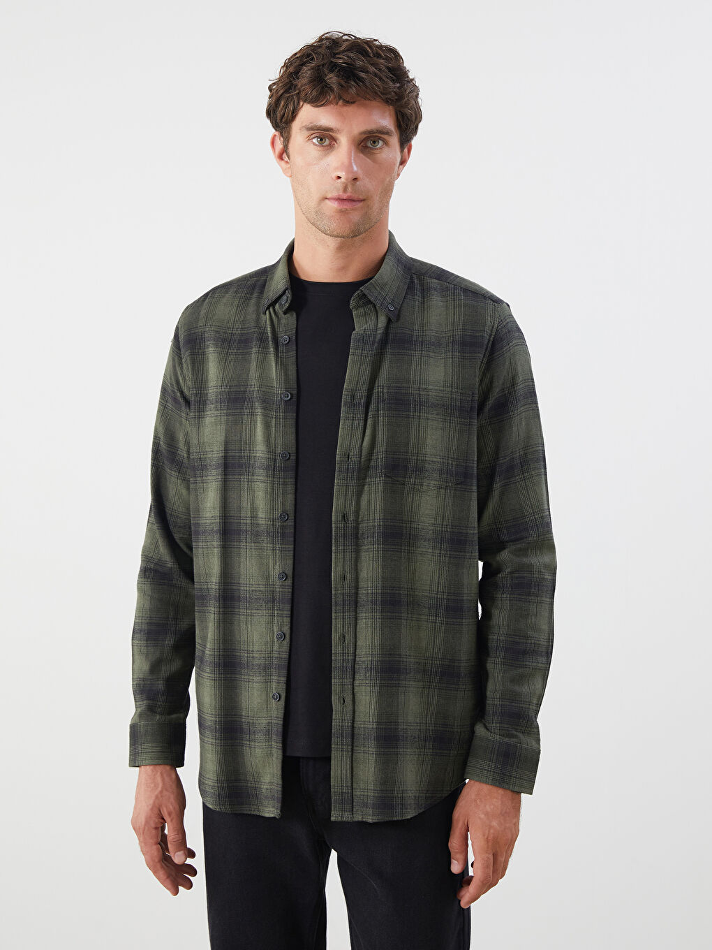 Regular Fit Long Sleeve Plaid Poplin Men's Shirt-1