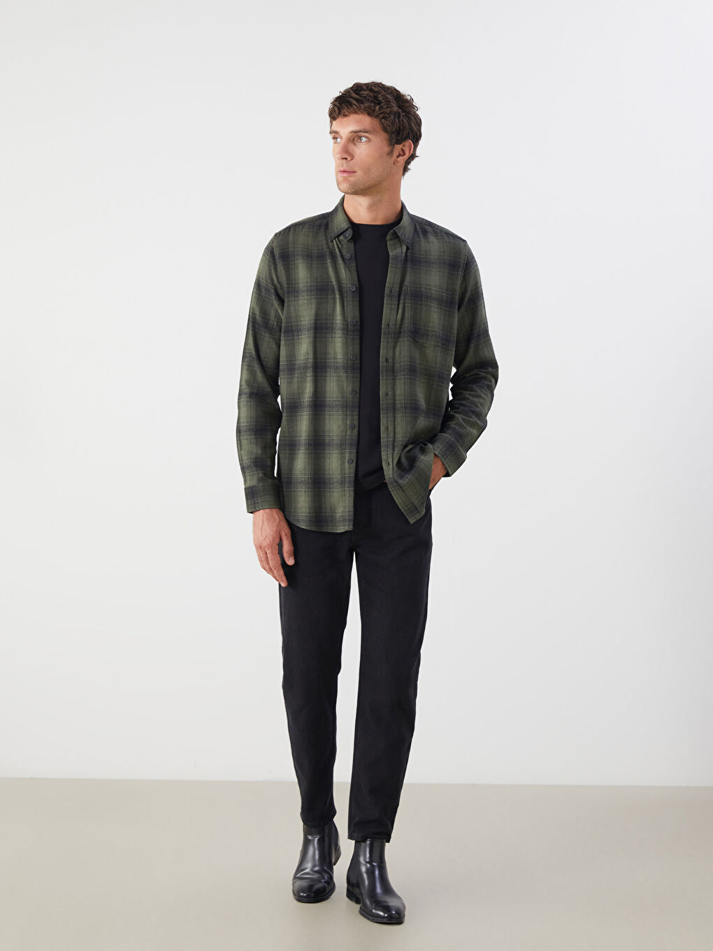 Regular Fit Long Sleeve Plaid Poplin Men's Shirt-2