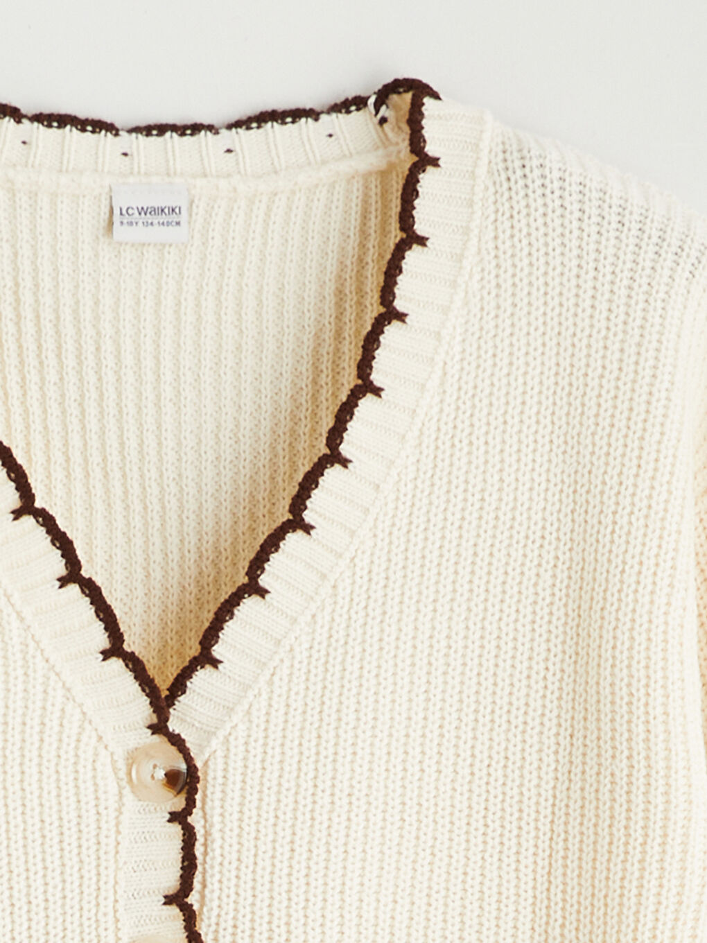 Bej V Yaka Kız Çocuk Triko Hırka-1