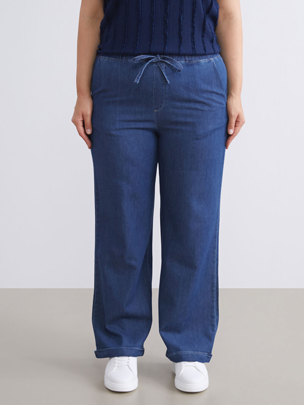 İndigo Beli Lastikli Wideleg Kadın Jean Pantolon-5