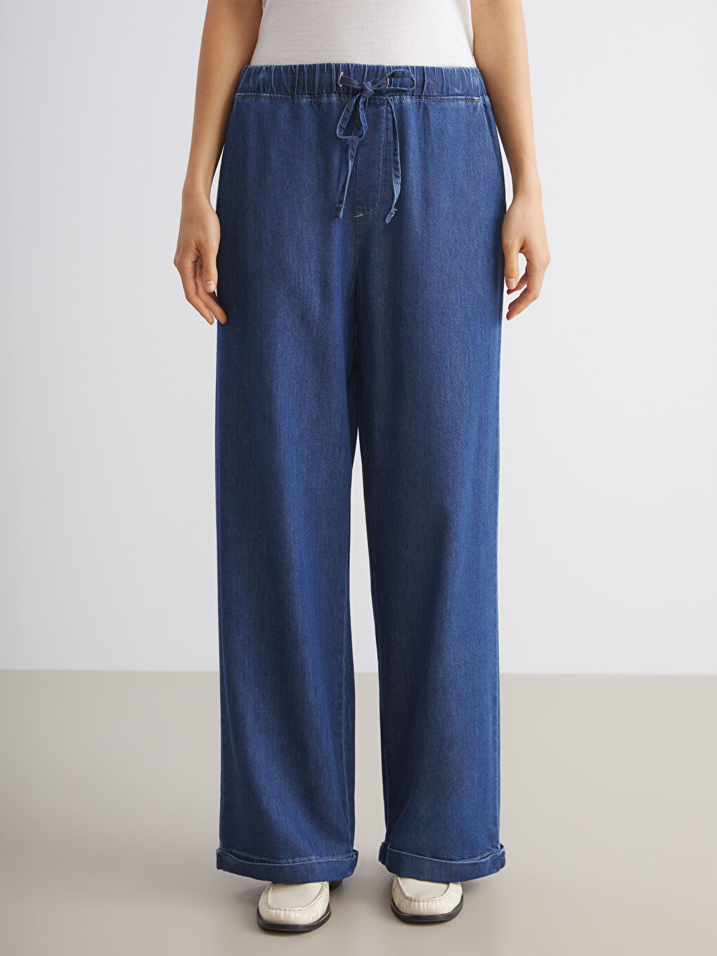 İndigo Beli Lastikli Wideleg Kadın Jean Pantolon-2