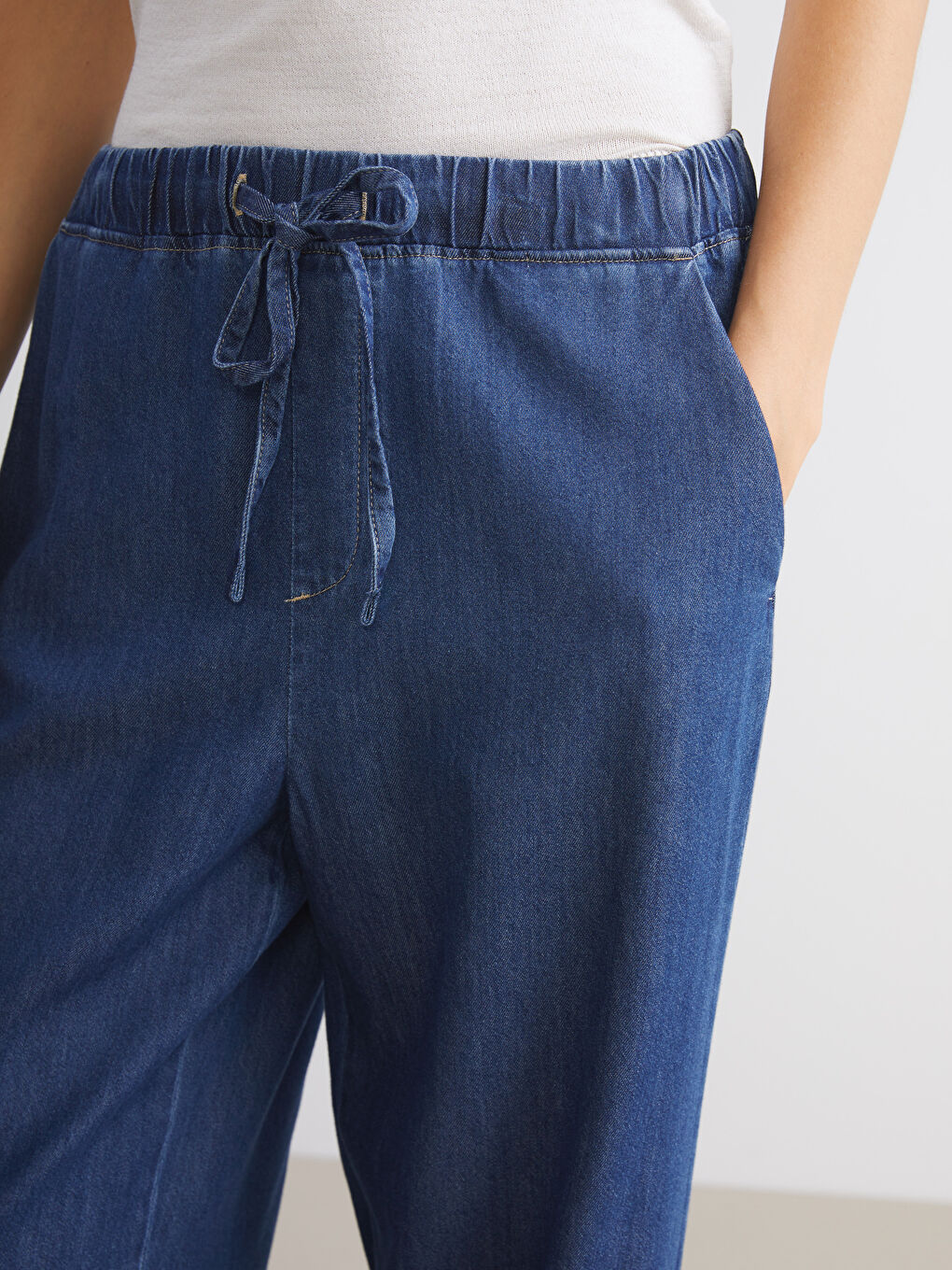 İndigo Beli Lastikli Wideleg Kadın Jean Pantolon-3