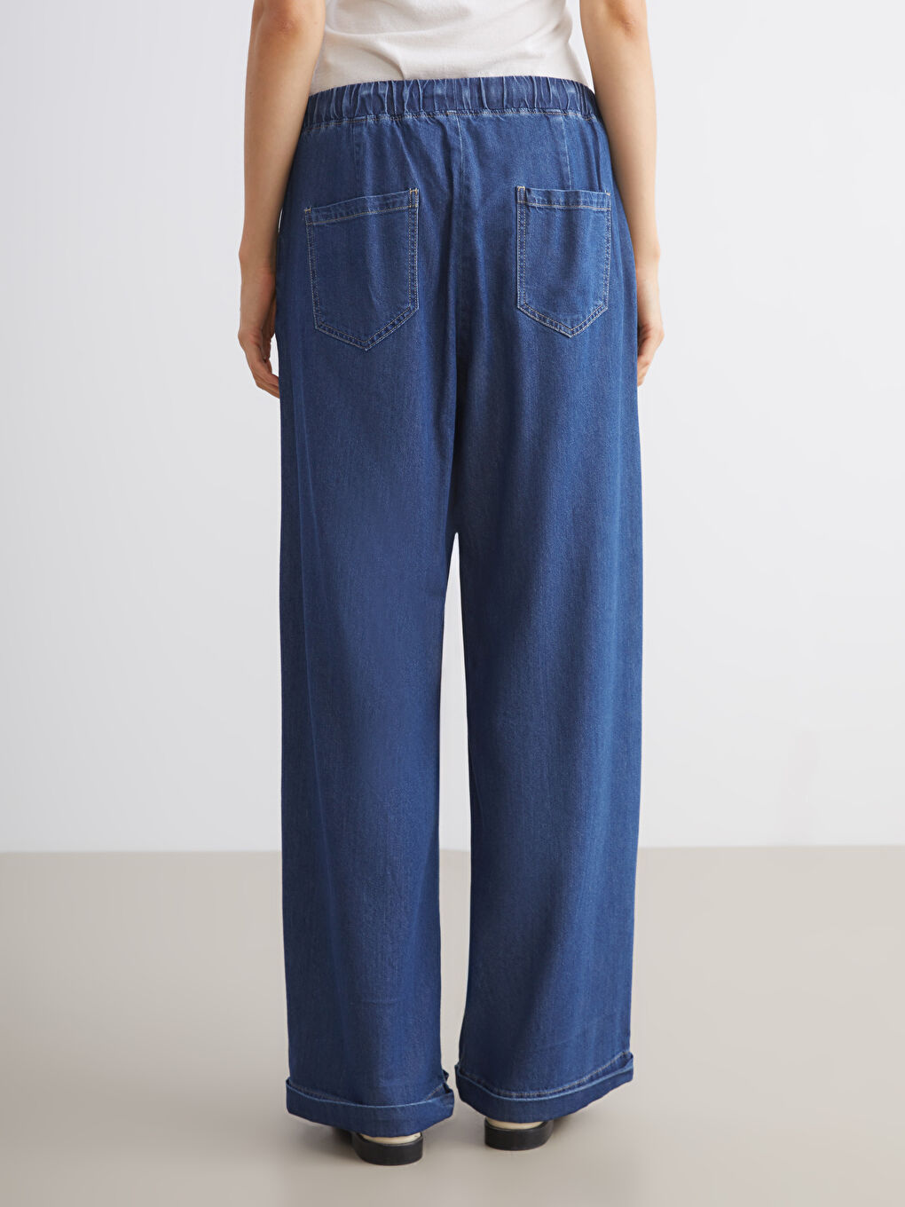 İndigo Beli Lastikli Wideleg Kadın Jean Pantolon-4