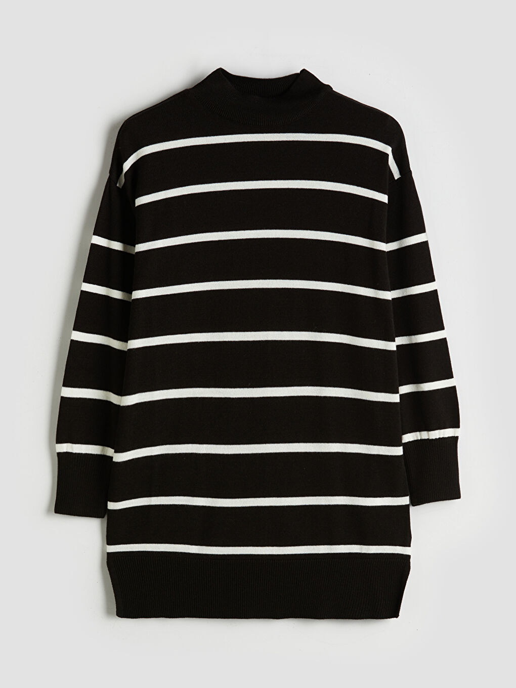 Siyah Dik Yaka Çizgili Kadın Triko Tunik-4