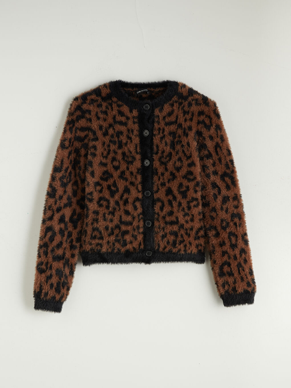 Kahverengi Leopar Desenli Kadın Pelüş Triko Hırka-4