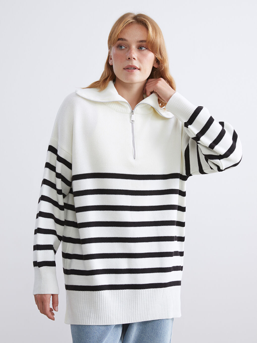 Funnel Neck Striped Women's Knitwear Tunic
