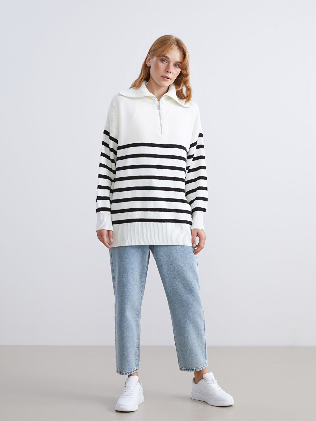 Funnel Neck Striped Women's Knitwear Tunic-1