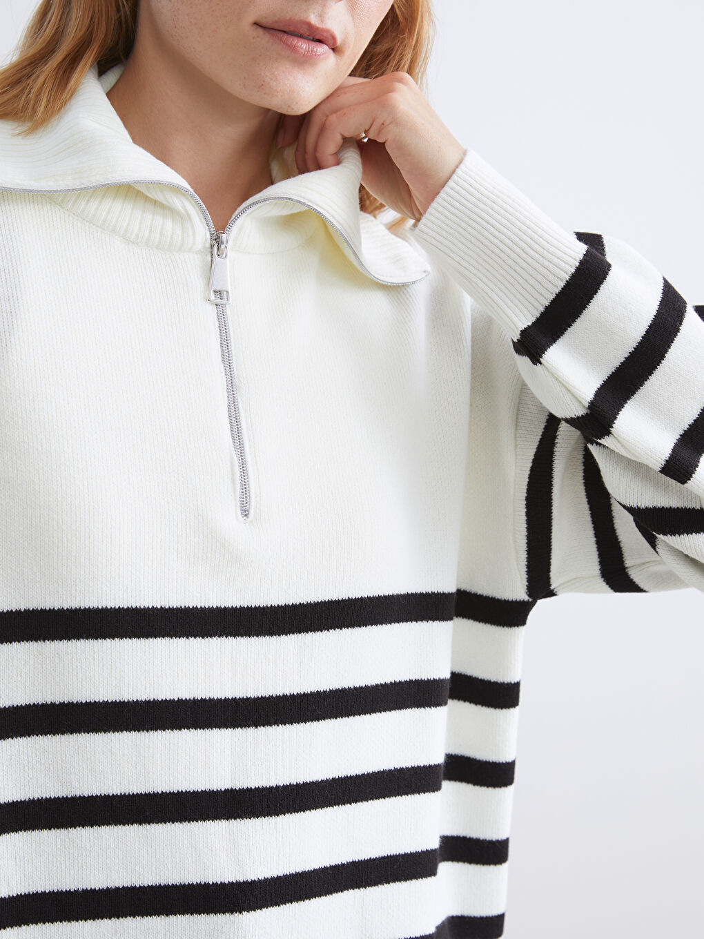 Funnel Neck Striped Women's Knitwear Tunic-2