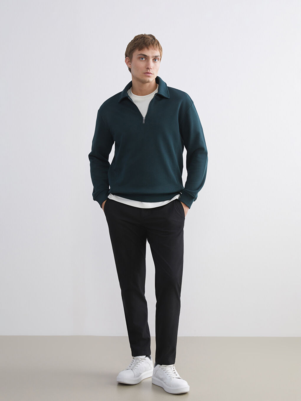 Yeşil Polo Yaka Erkek Kalın Sweatshirt-1