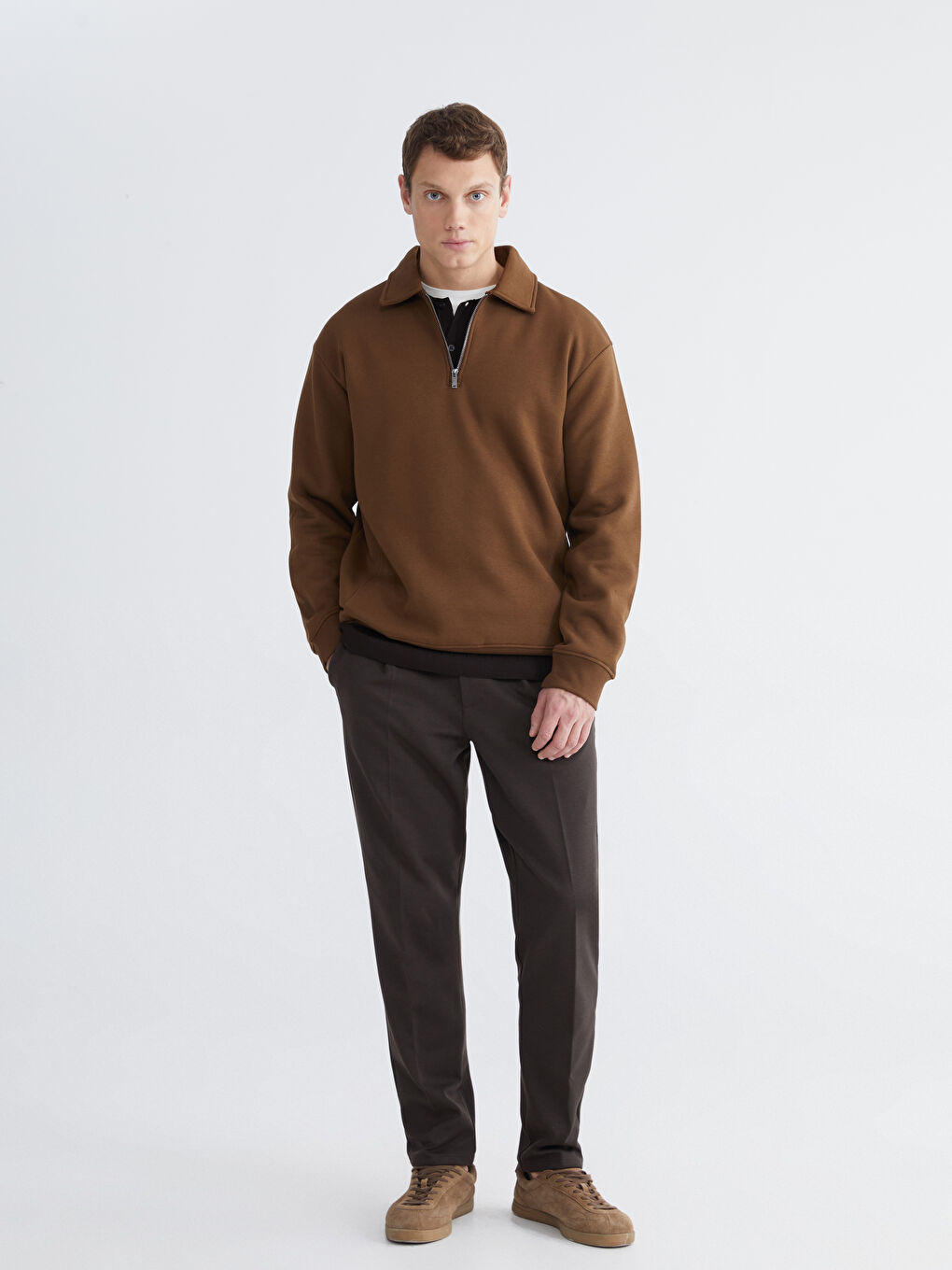 Kahverengi Polo Yaka Erkek Kalın Sweatshirt-1