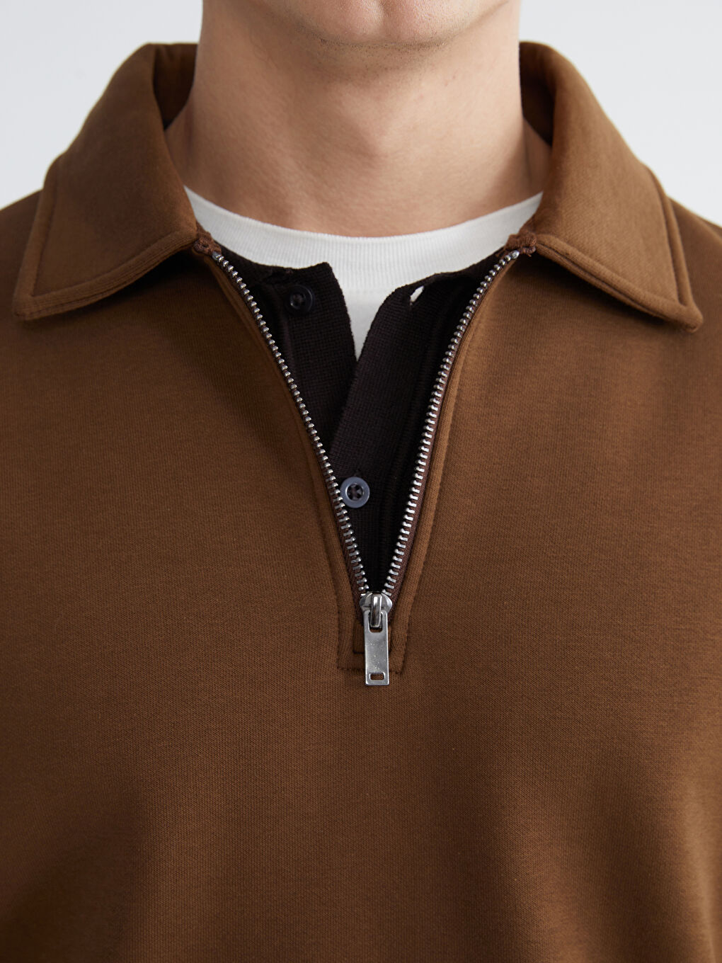 Kahverengi Polo Yaka Erkek Kalın Sweatshirt-3