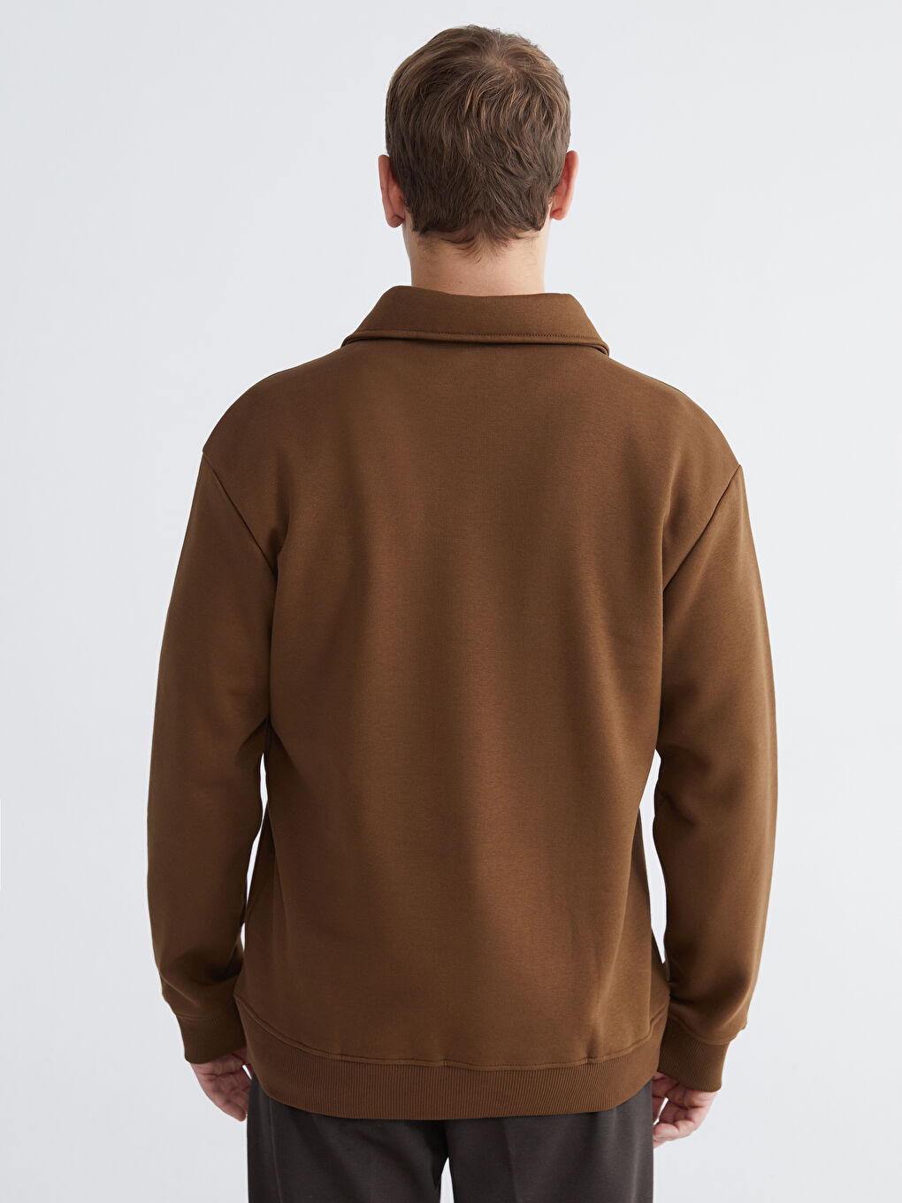 Kahverengi Polo Yaka Erkek Kalın Sweatshirt-4