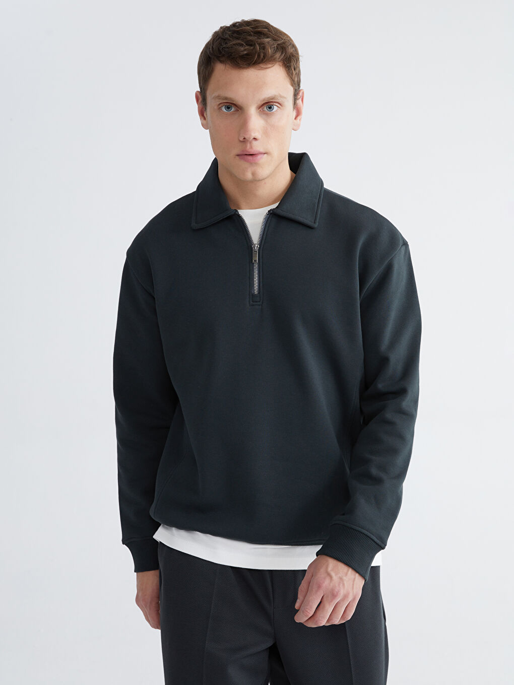 Antrasit Polo Yaka Erkek Kalın Sweatshirt