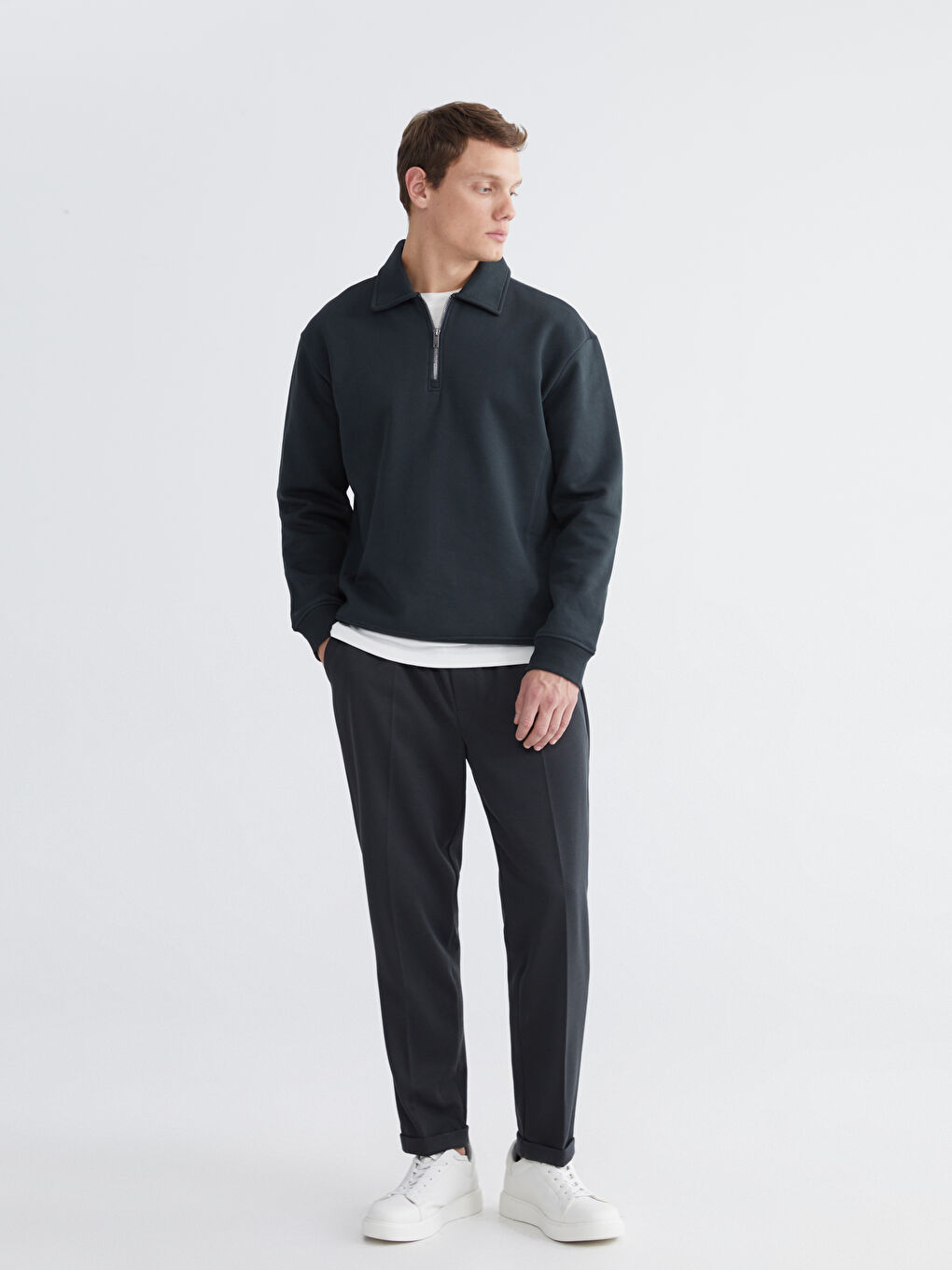 Antrasit Polo Yaka Erkek Kalın Sweatshirt-1