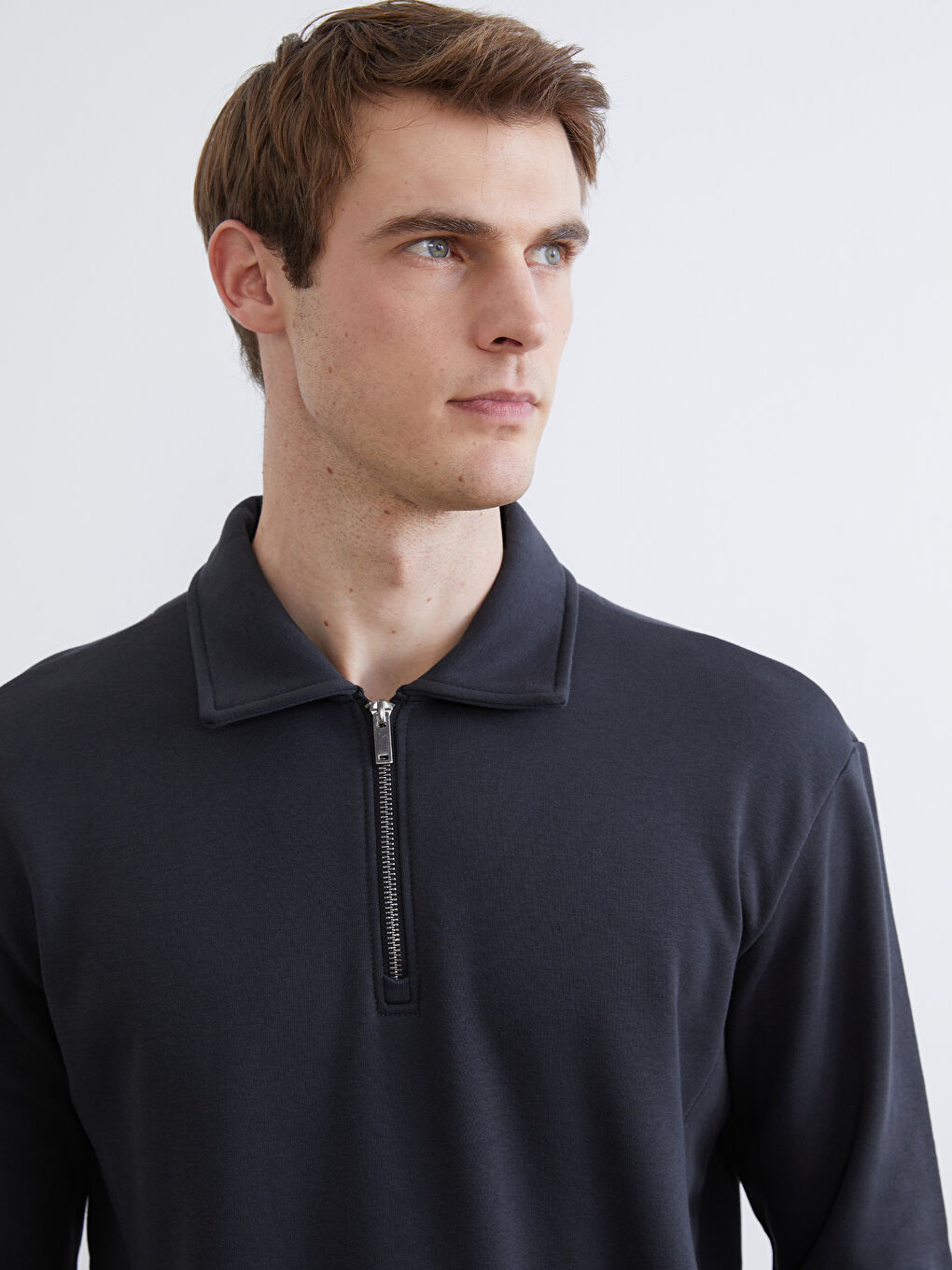 Antrasit Polo Yaka Erkek Kalın Sweatshirt