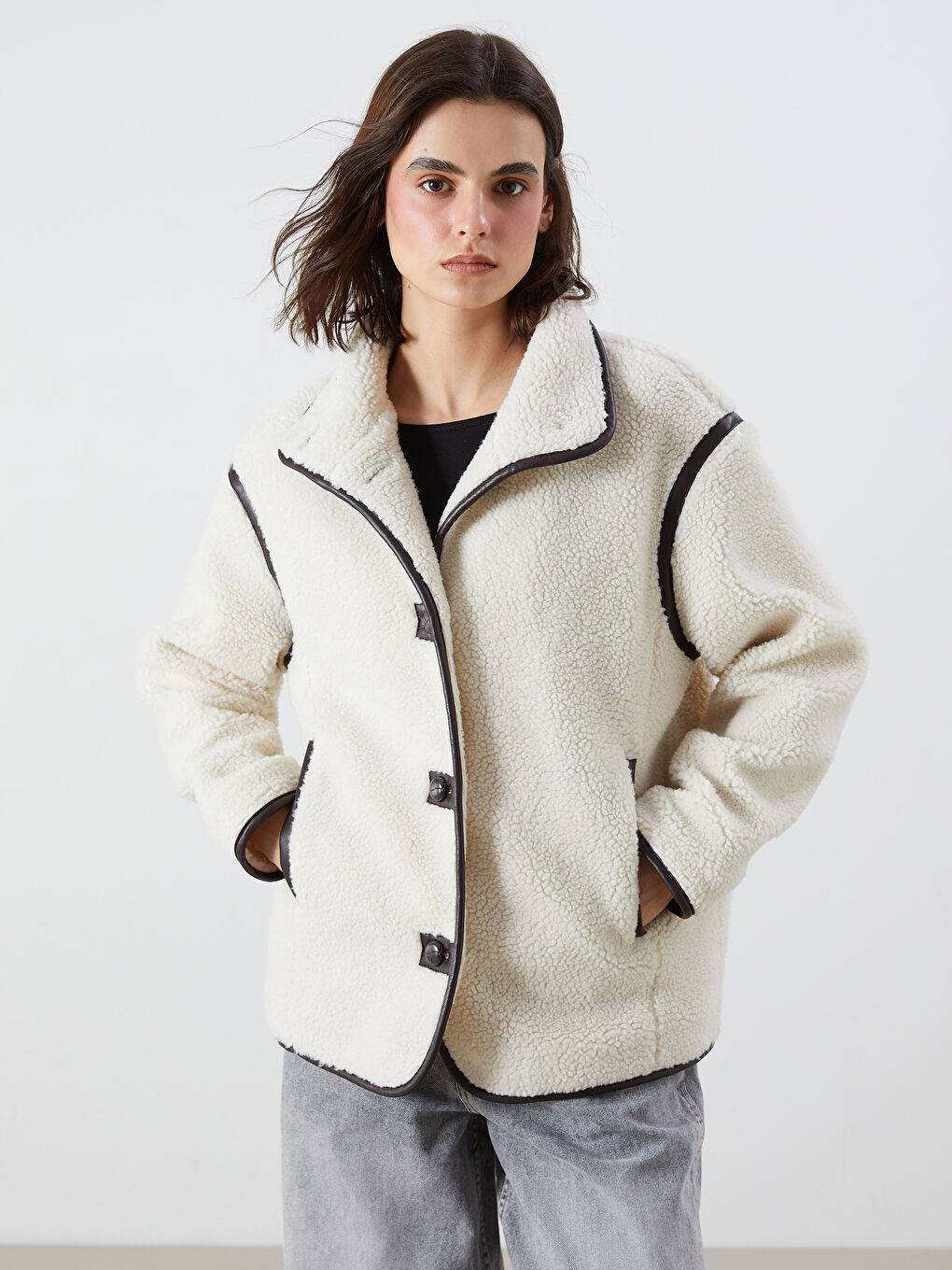 Jacket NeckPlain Long-Sleeve Women's Teddy Coat