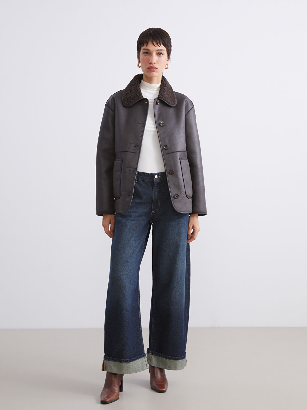 Woman BROWN Faux Leather Coat-1