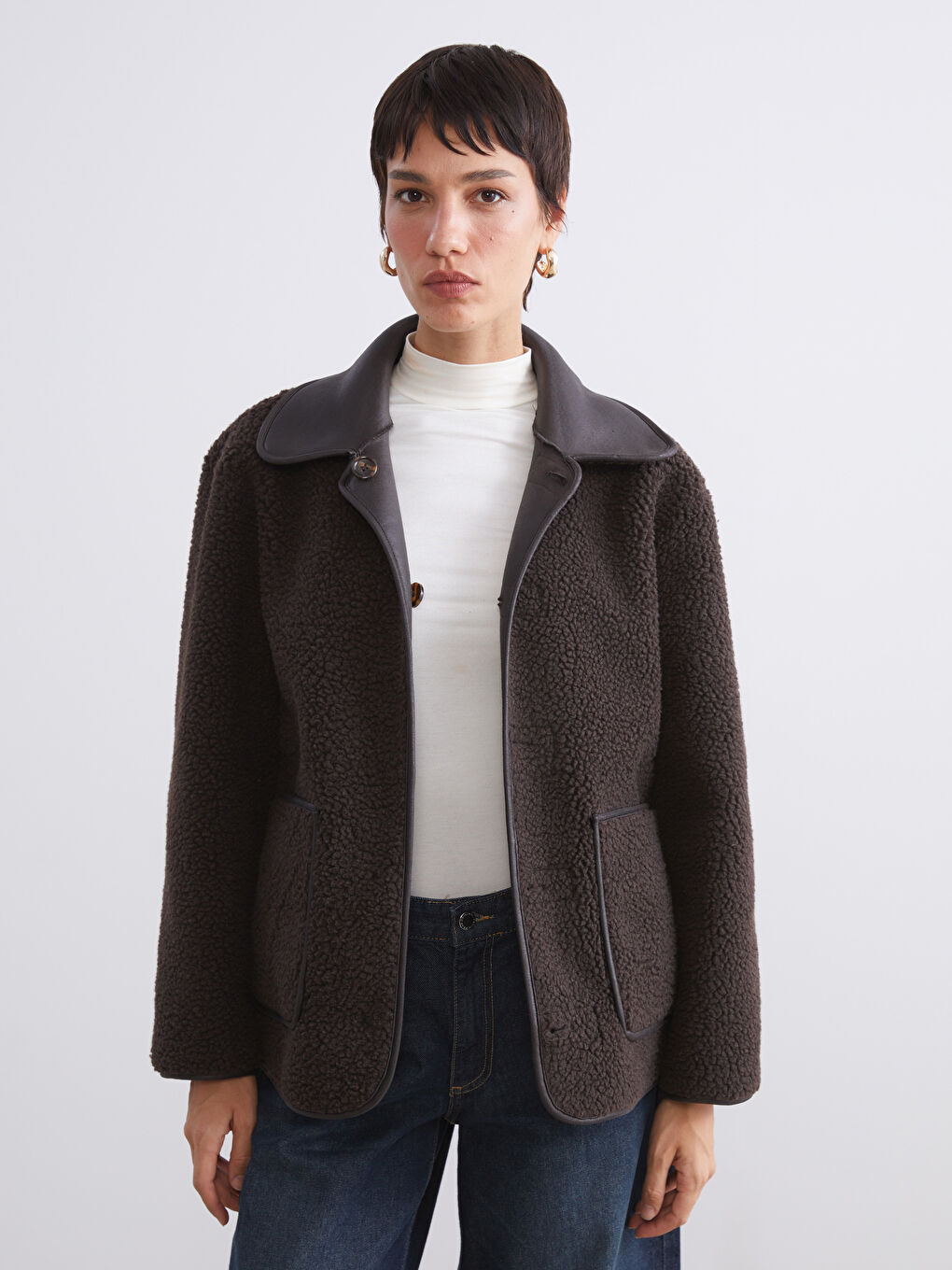 Woman BROWN Faux Leather Coat-2