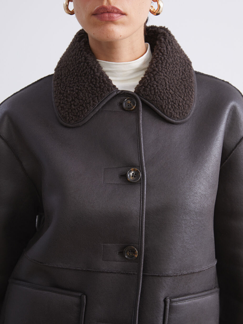 Woman BROWN Faux Leather Coat-3