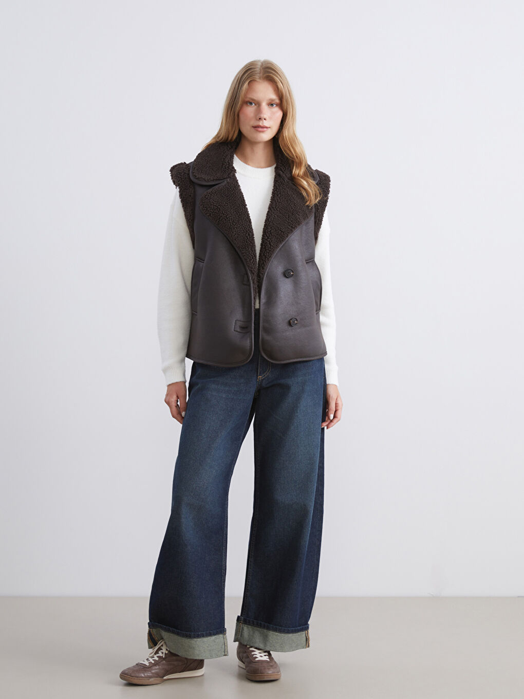 Kahverengi Biker Yaka Kadın Süet Yelek-1