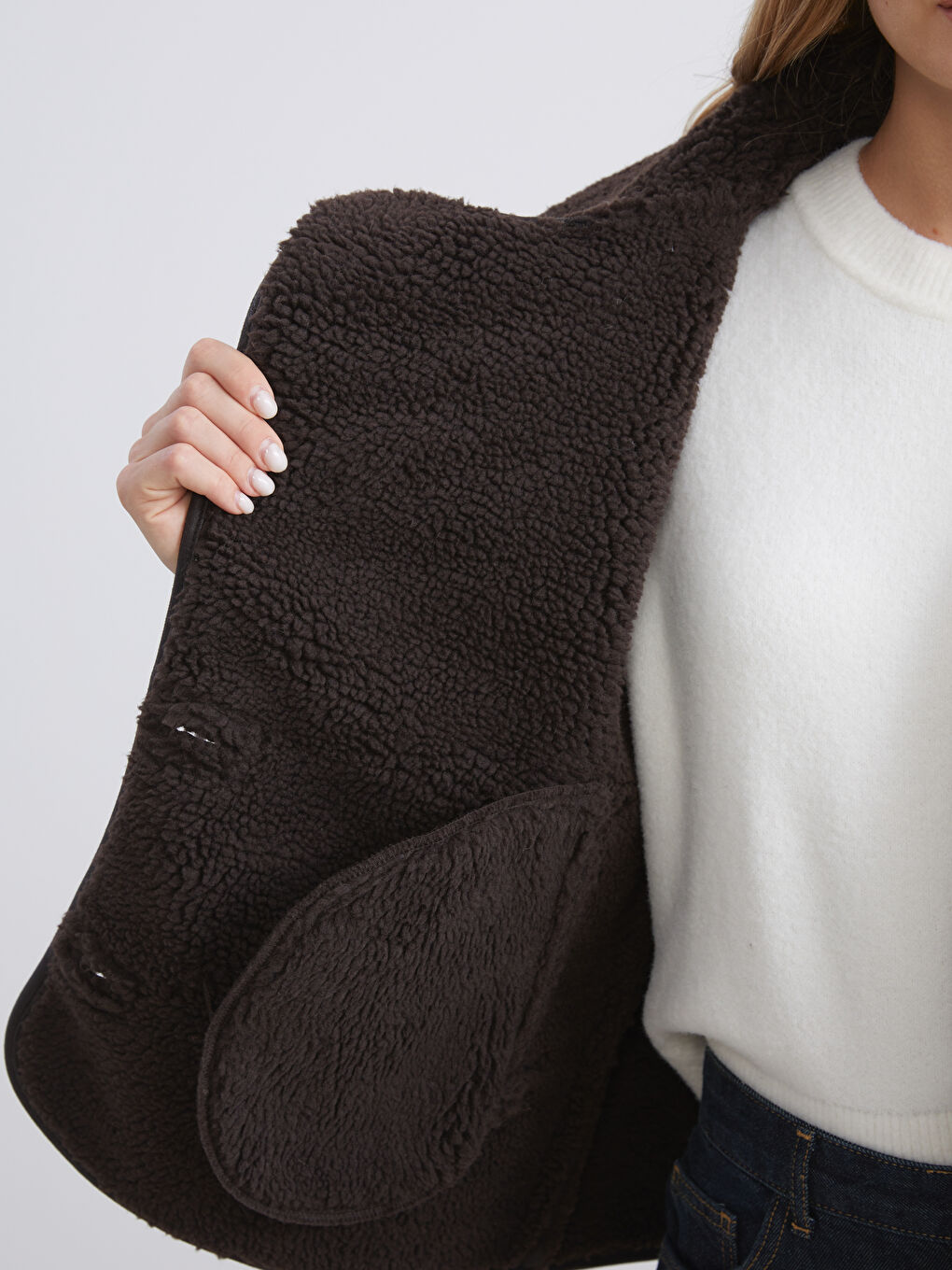 Kahverengi Biker Yaka Kadın Süet Yelek-3