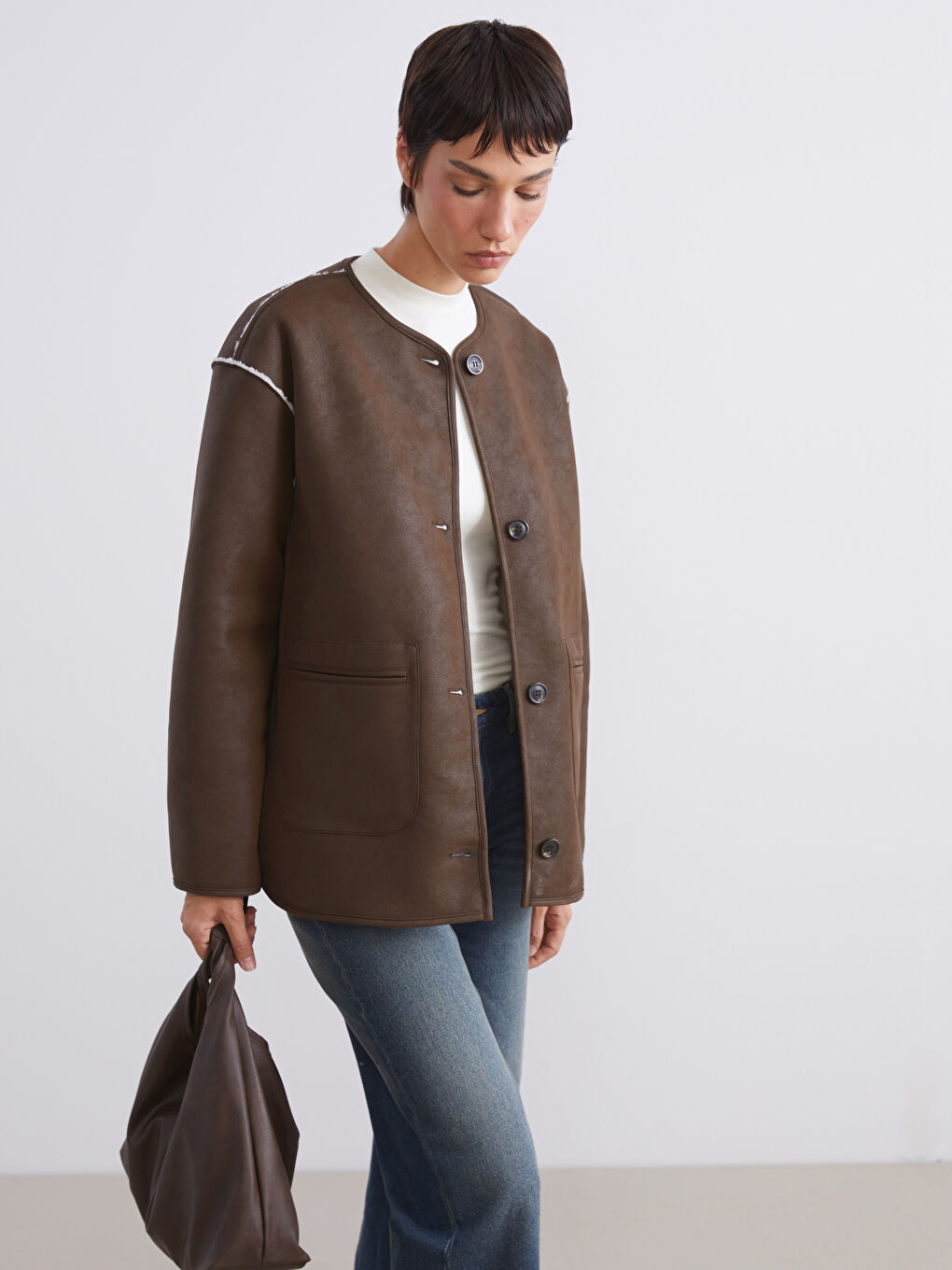 Bej Bisiklet Yaka Çift Taraflı Kadın Mont